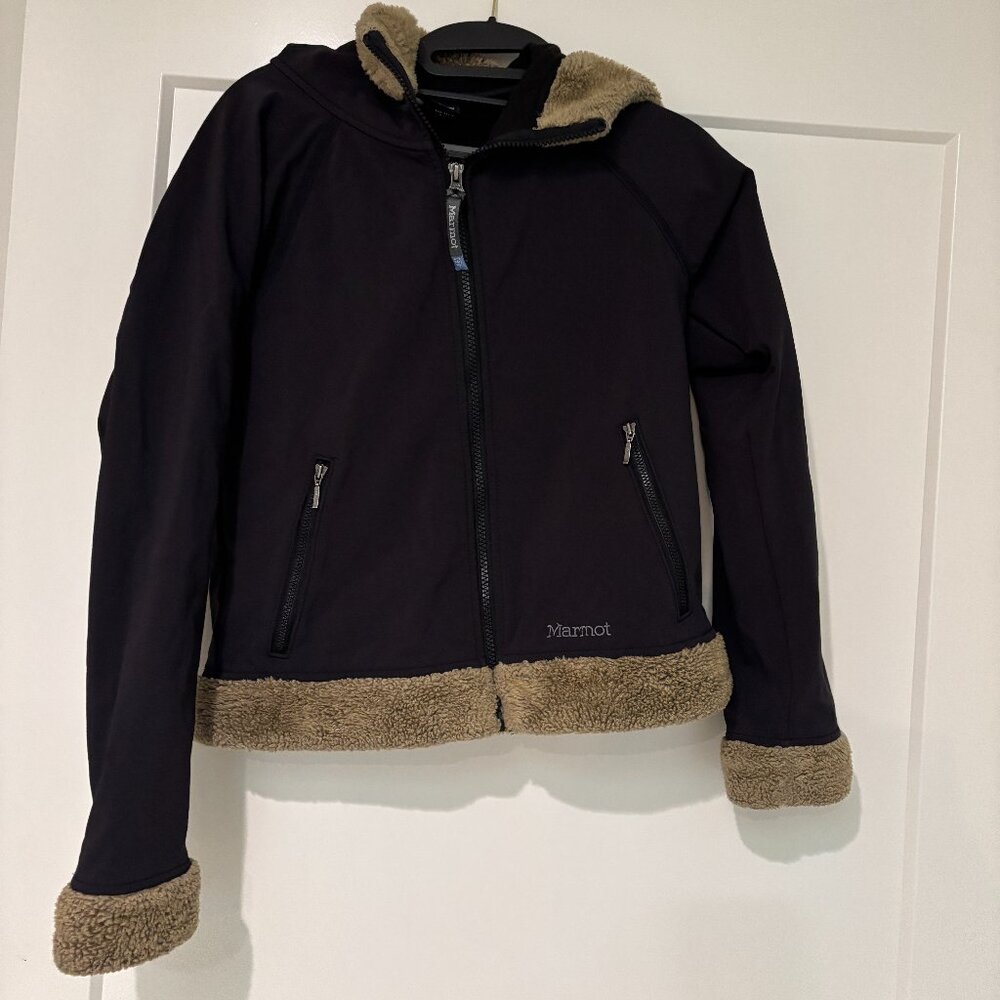 Marmot Womens Black Zip Front Long Sleeve Faux Fur Trim Jacket
